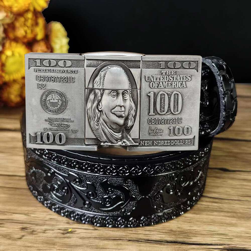 Western Embossed Leather Belt & Lighter Buckle
