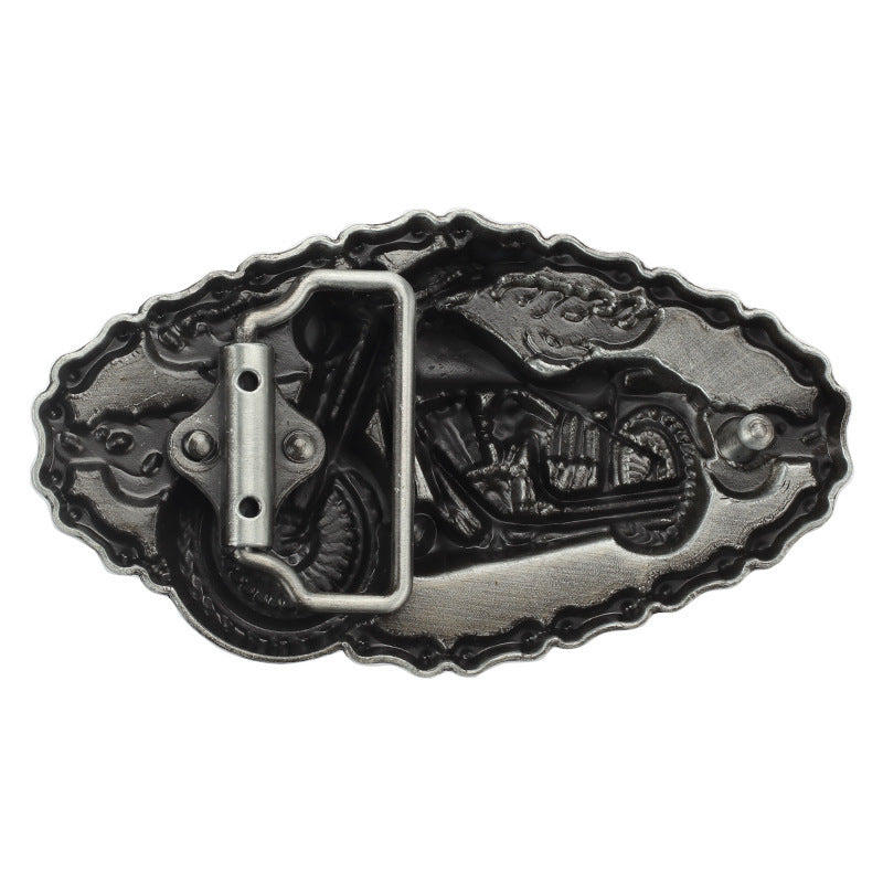 Biker Motorcycle Rider Belt Buckle - Flaming Chopper with Chain Border