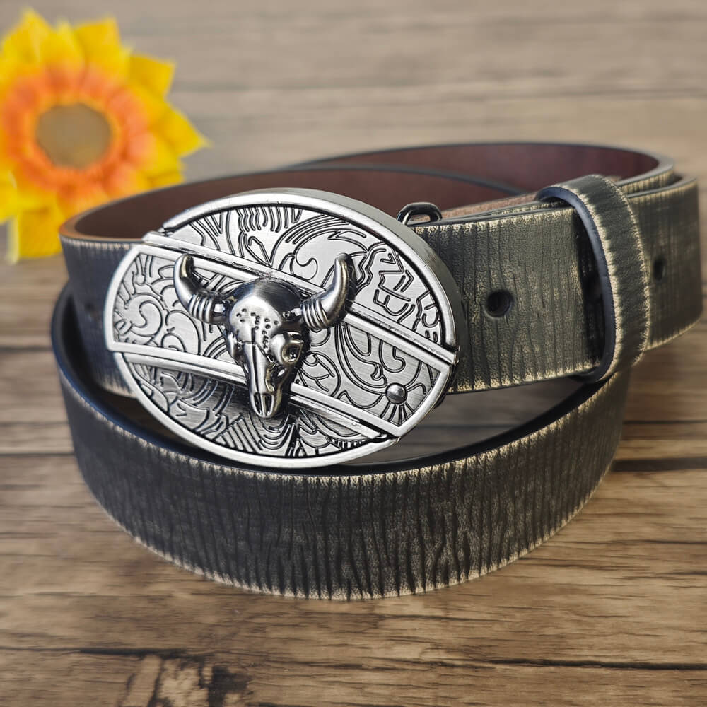 Vintage Embossed Black Leather Belt
