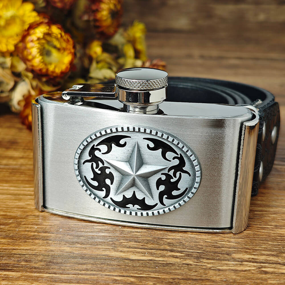 Texas Lone Star Flask Belt – Genuine Leather Western Belt
