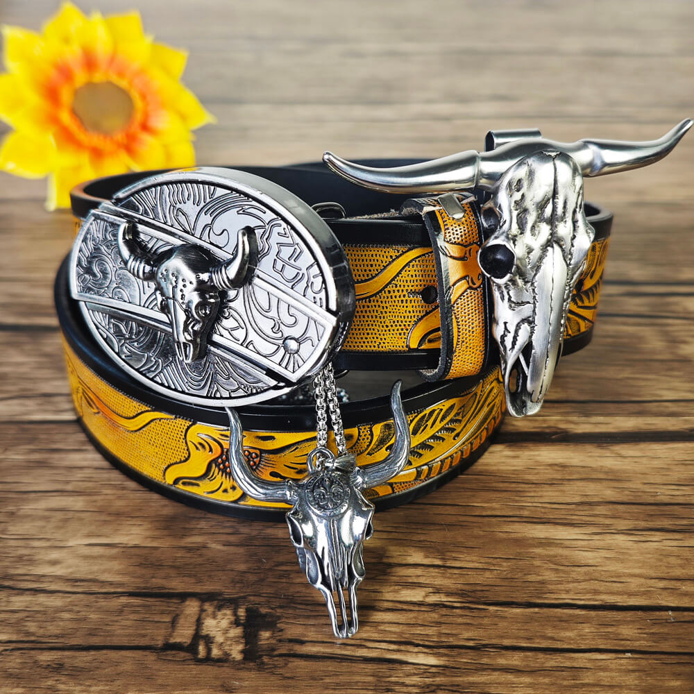 Western Bull Skull Accessory Set – Brown Belt & Necklace Combo (3-Piece)