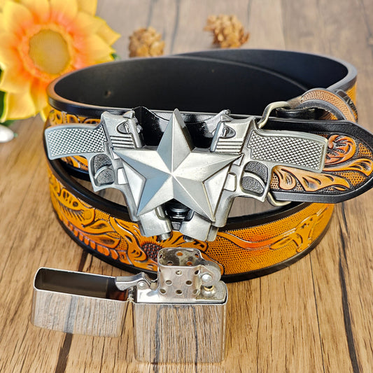 Western cowboy style leather belt with lighter buckle