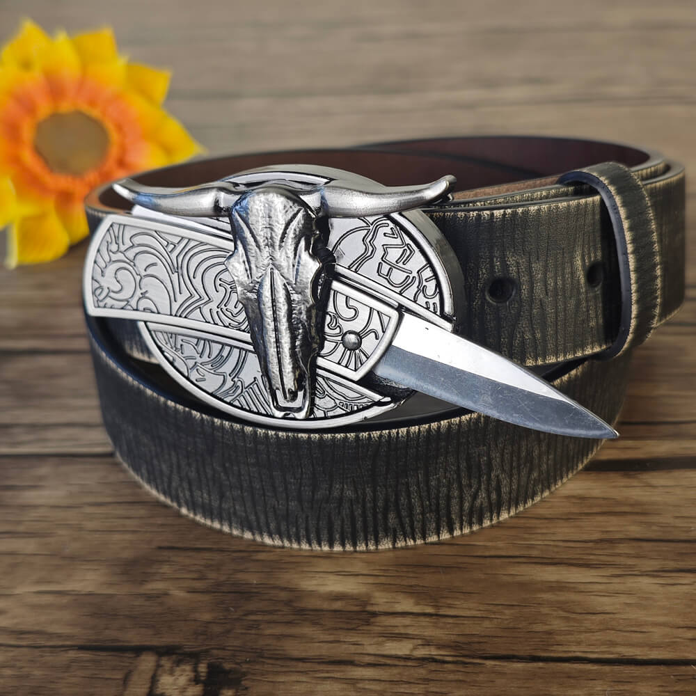 Vintage Embossed Black Leather Belt
