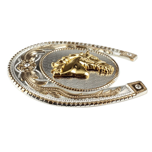 Two-Tone Horseshoe Horse Head Belt Buckle - Western Rodeo Style