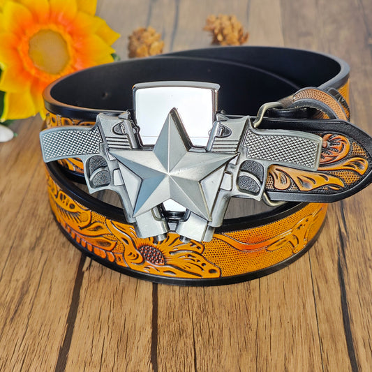 Western cowboy style leather belt with lighter buckle