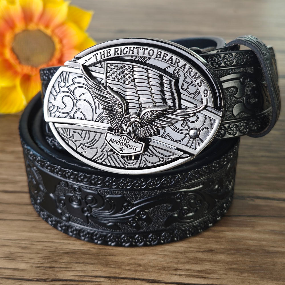 Black Embossed Leather Belt With Belt Buckle