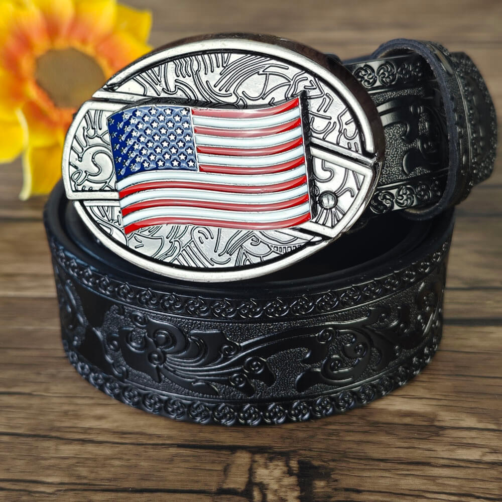 Hidden Utility Belt Buckle – Black Embossed Leather Western Cowboy Belt
