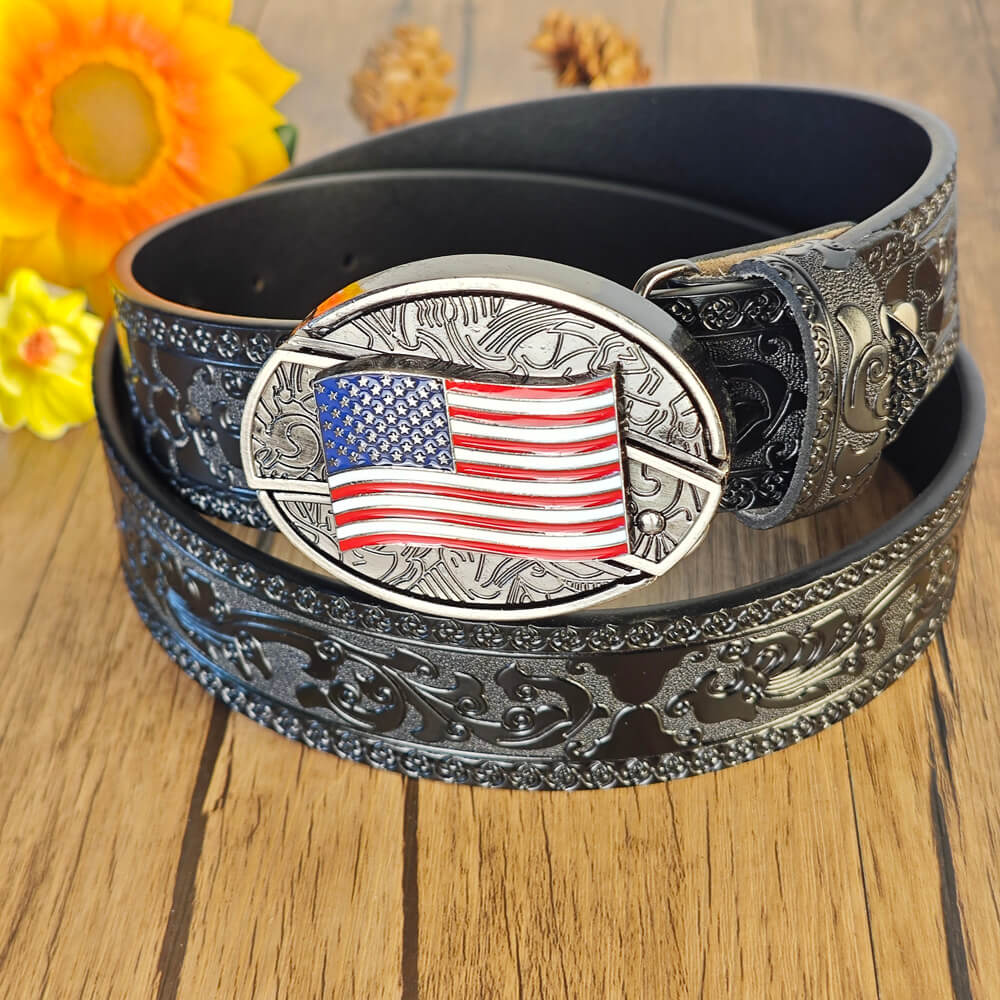 Black Embossed Leather Belt With Belt Buckle