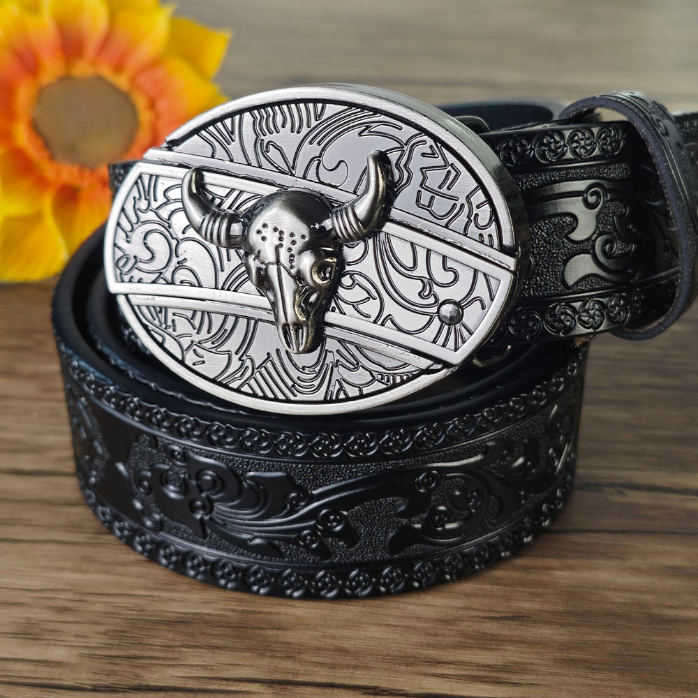 Black Embossed Leather Belt With Belt Buckle