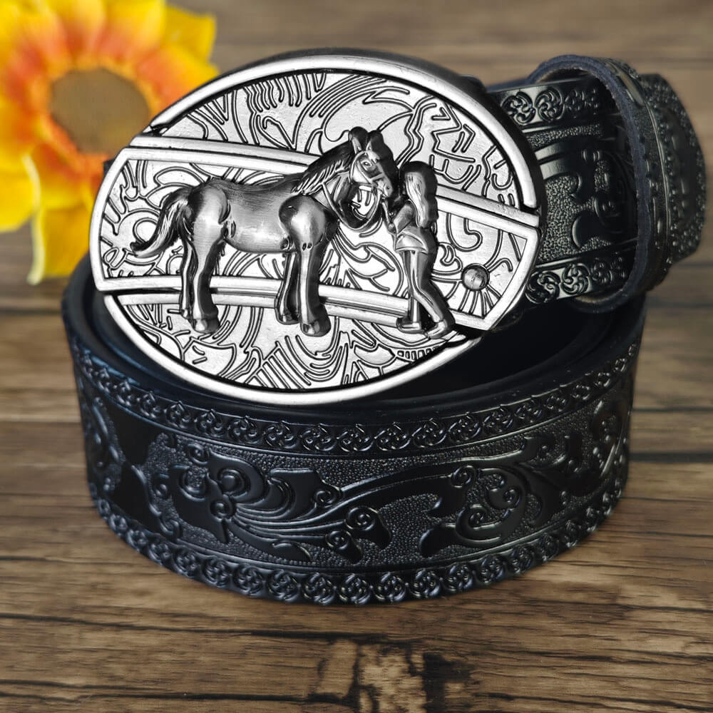 Hidden Utility Belt Buckle – Black Embossed Leather Western Cowboy Belt