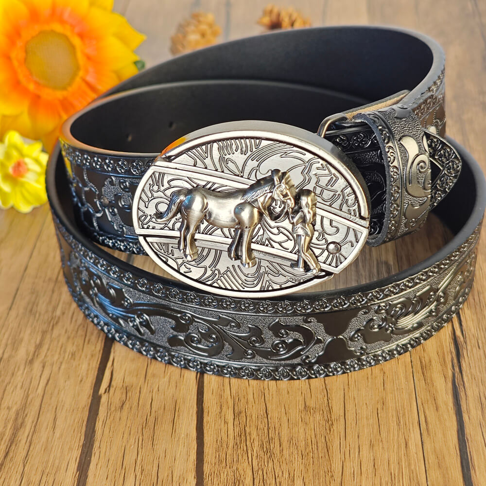 Black Embossed Leather Belt With Belt Buckle