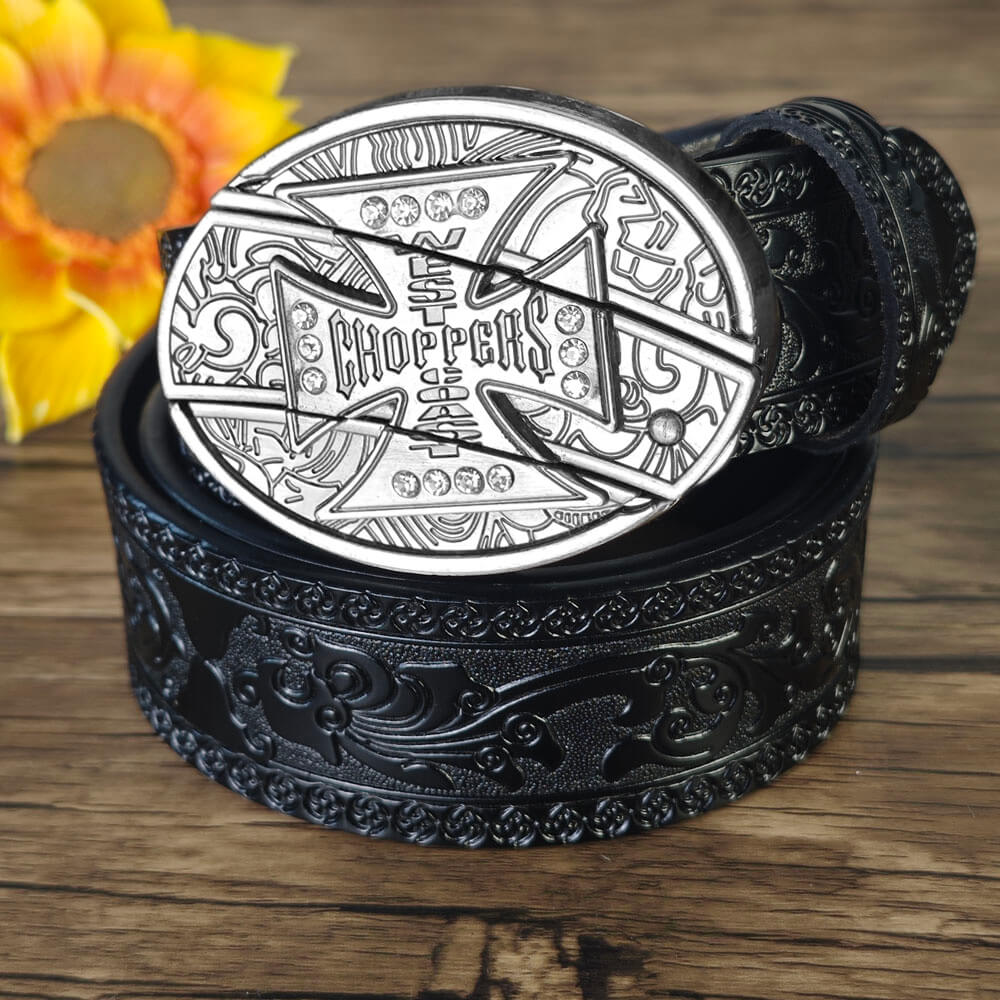 Hidden Utility Belt Buckle – Black Embossed Leather Western Cowboy Belt