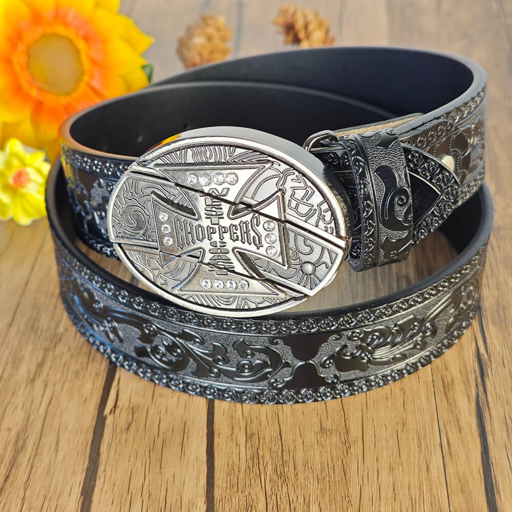 Black Embossed Leather Belt With Belt Buckle