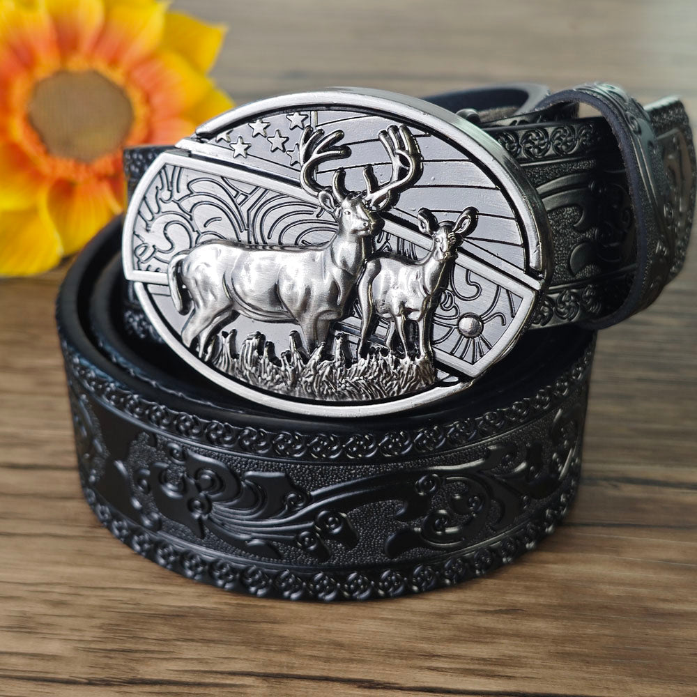 Black Embossed Leather Belt With Belt Buckle