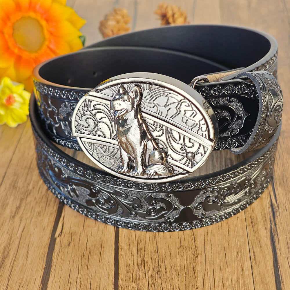 Black Embossed Leather Belt With Belt Buckle