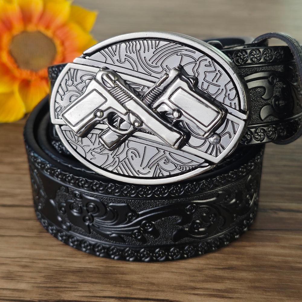 Black Embossed Leather Belt With Belt Buckle