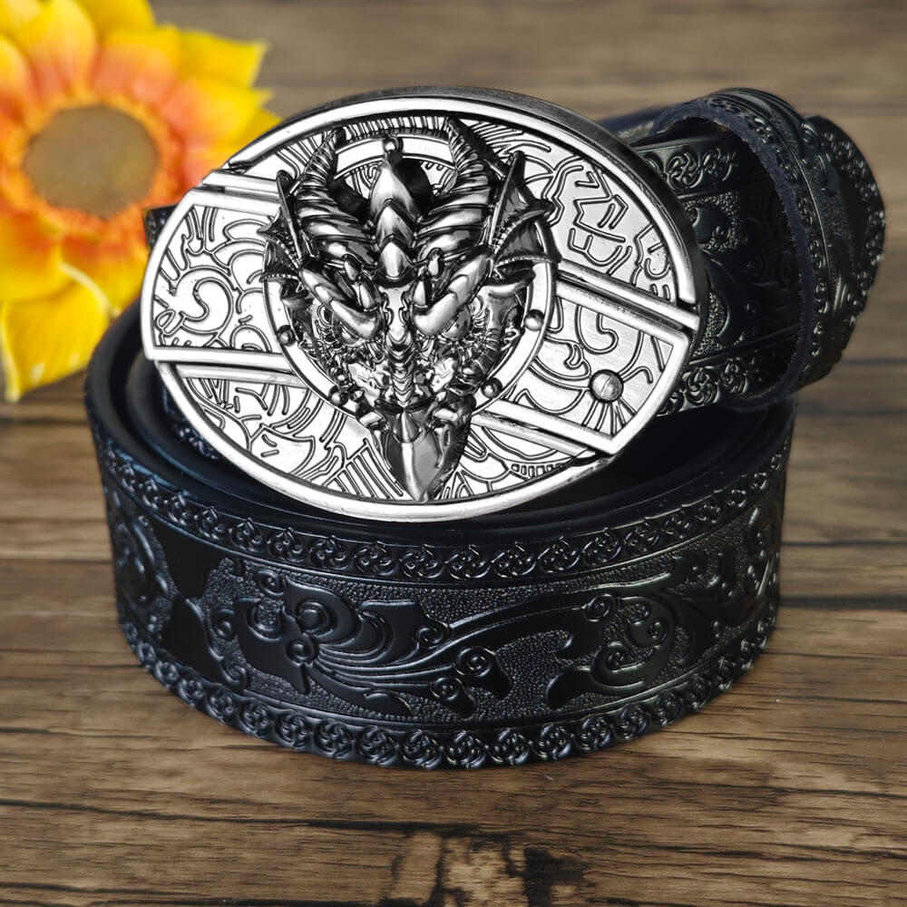 Hidden Utility Belt Buckle – Black Embossed Leather Western Cowboy Belt