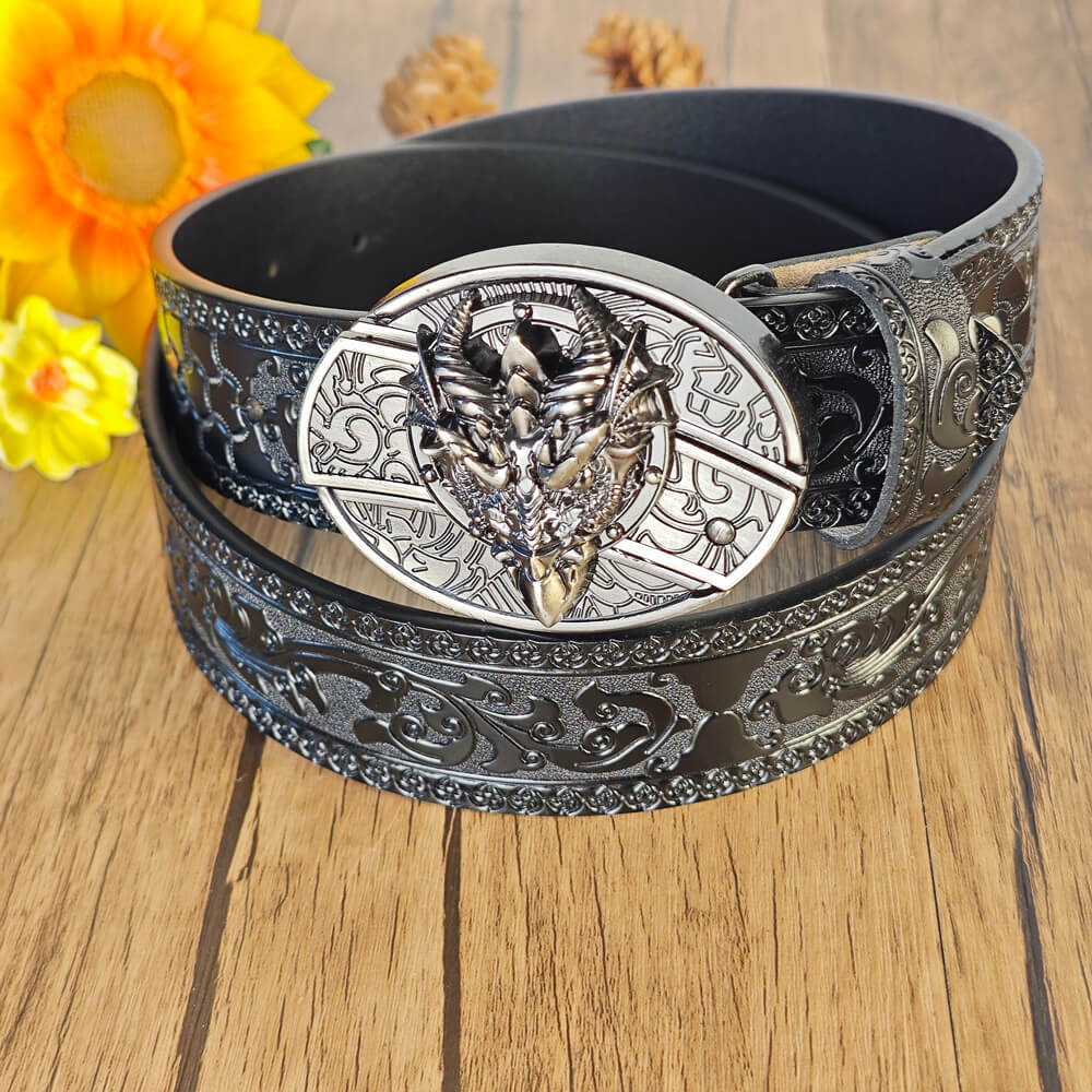 Black Embossed Leather Belt With Belt Buckle
