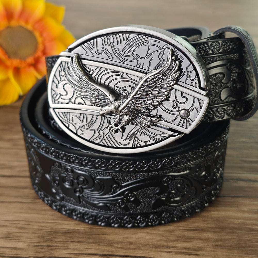 Black Embossed Leather Belt With Belt Buckle
