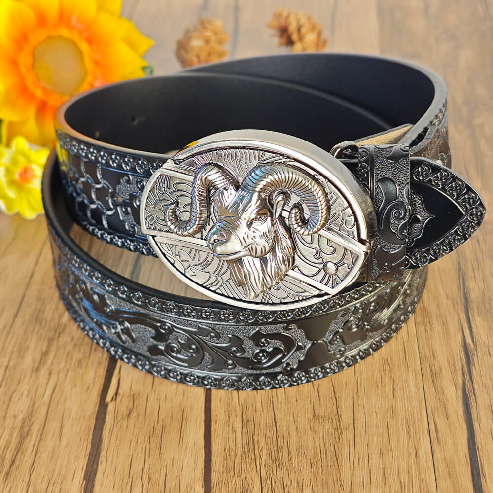 Black Embossed Leather Belt With Belt Buckle