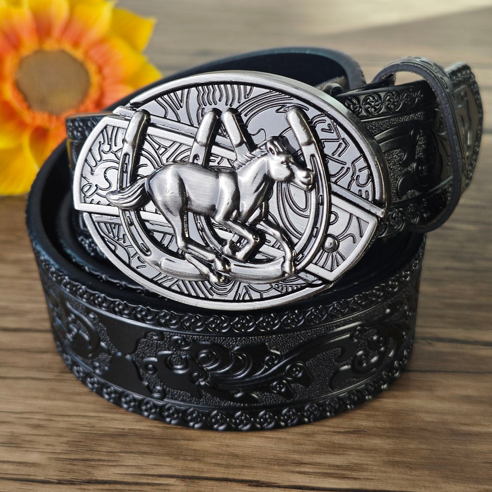 Black Embossed Leather Belt With Belt Buckle