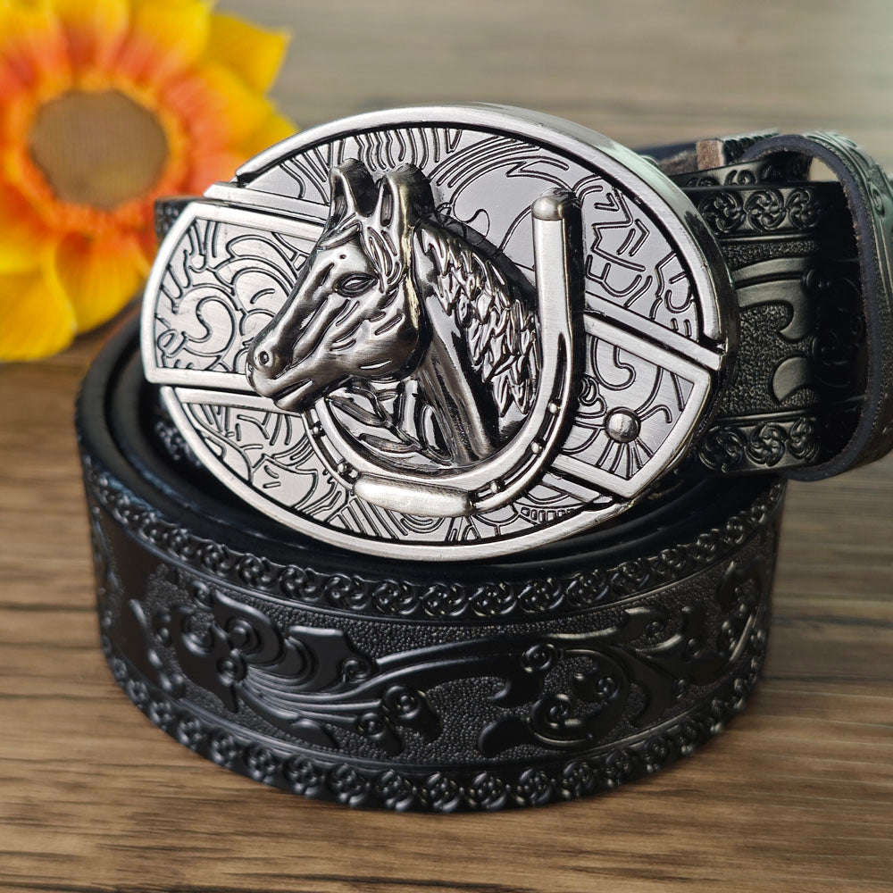 Black Embossed Leather Belt With Belt Buckle