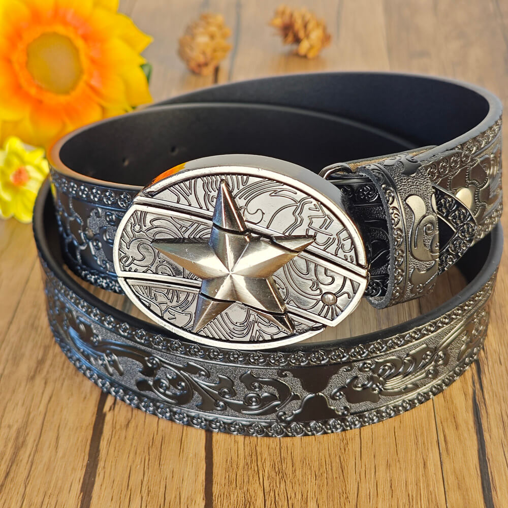 Black Embossed Leather Belt With Belt Buckle