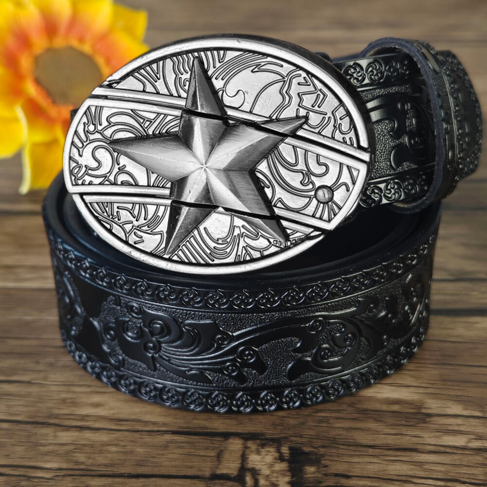 Hidden Utility Belt Buckle – Black Embossed Leather Western Cowboy Belt