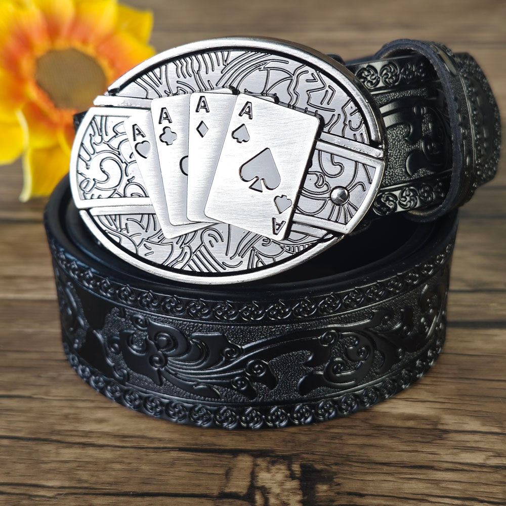 Black Embossed Leather Belt With Belt Buckle