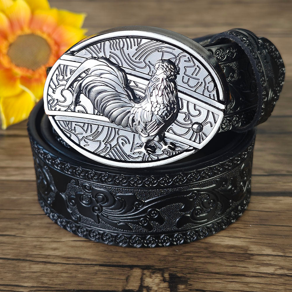 Black Embossed Leather Belt With Belt Buckle