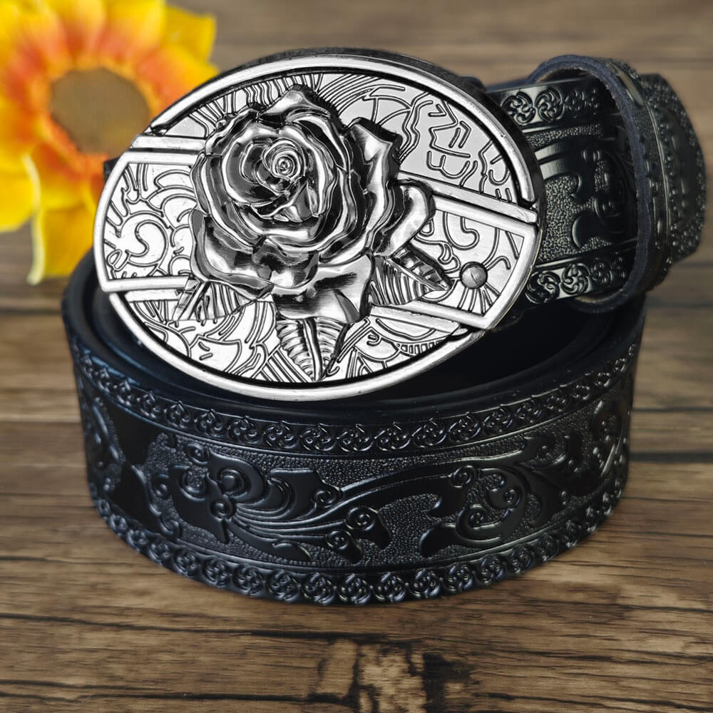 Hidden Utility Belt Buckle – Black Embossed Leather Western Cowboy Belt