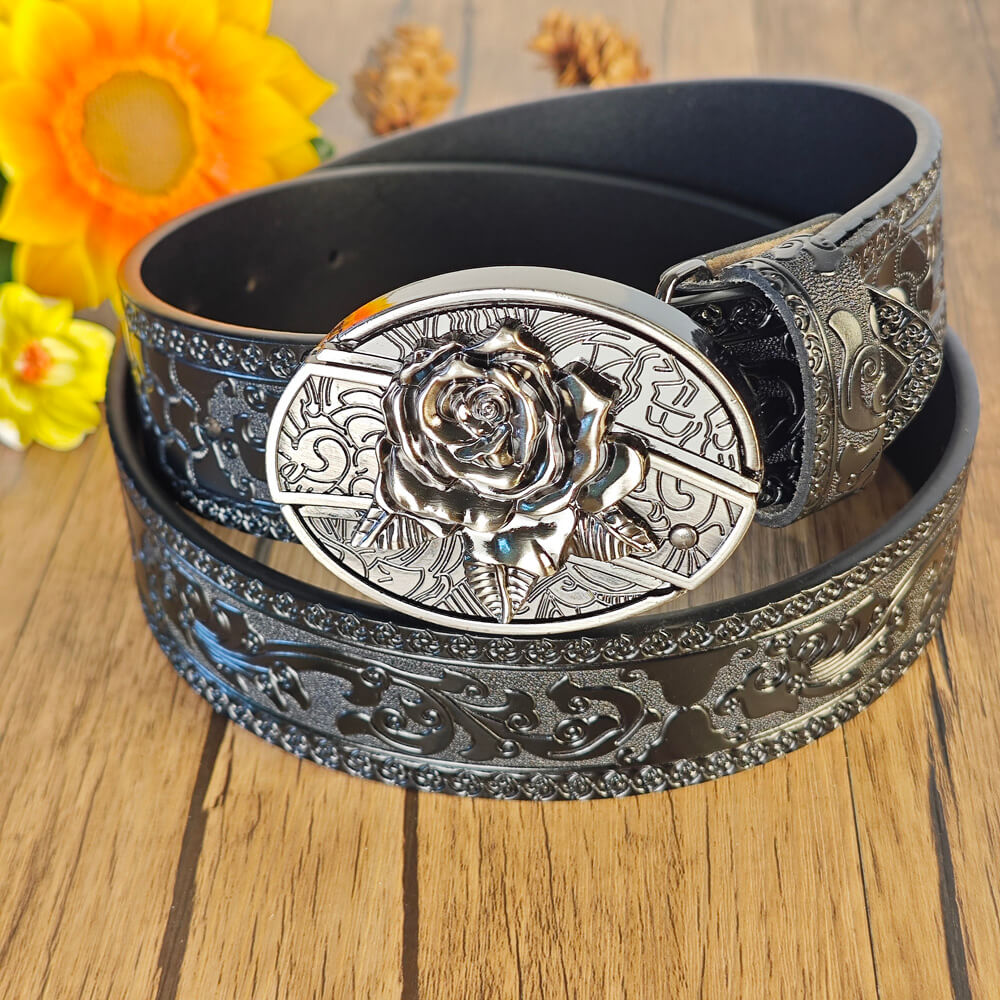 Black Embossed Leather Belt With Belt Buckle