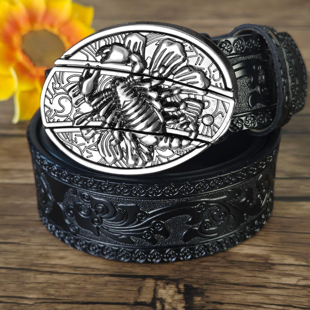 Hidden Utility Belt Buckle – Black Embossed Leather Western Cowboy Belt