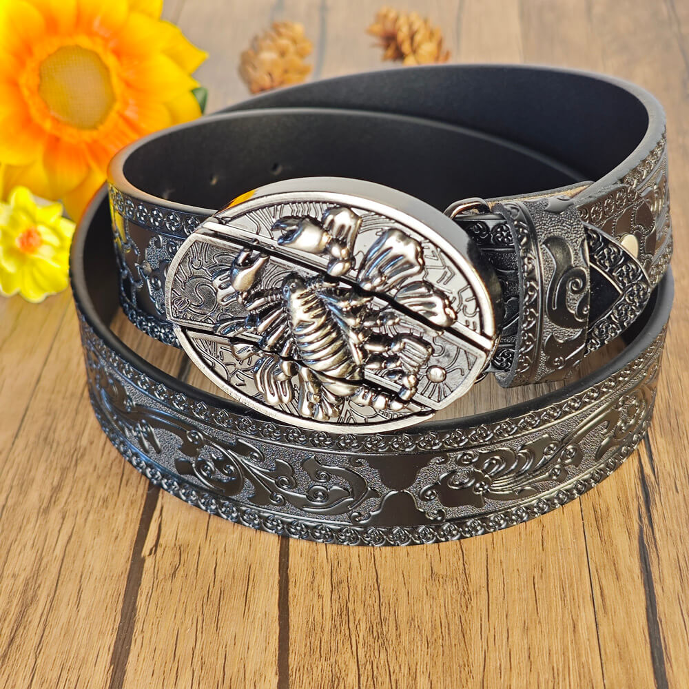 Black Embossed Leather Belt With Belt Buckle