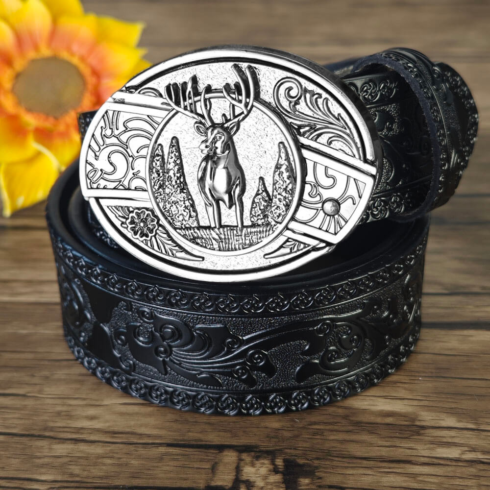 Hidden Utility Belt Buckle – Black Embossed Leather Western Cowboy Belt