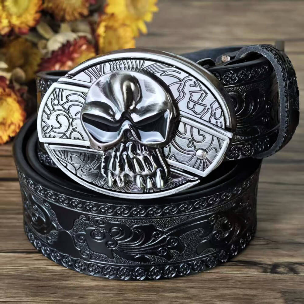Hidden Utility Belt Buckle – Black Embossed Leather Western Cowboy Belt