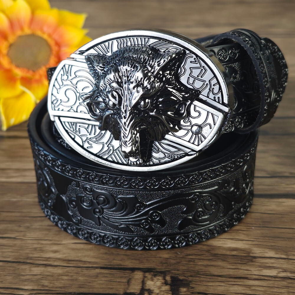 Hidden Utility Belt Buckle – Black Embossed Leather Western Cowboy Belt