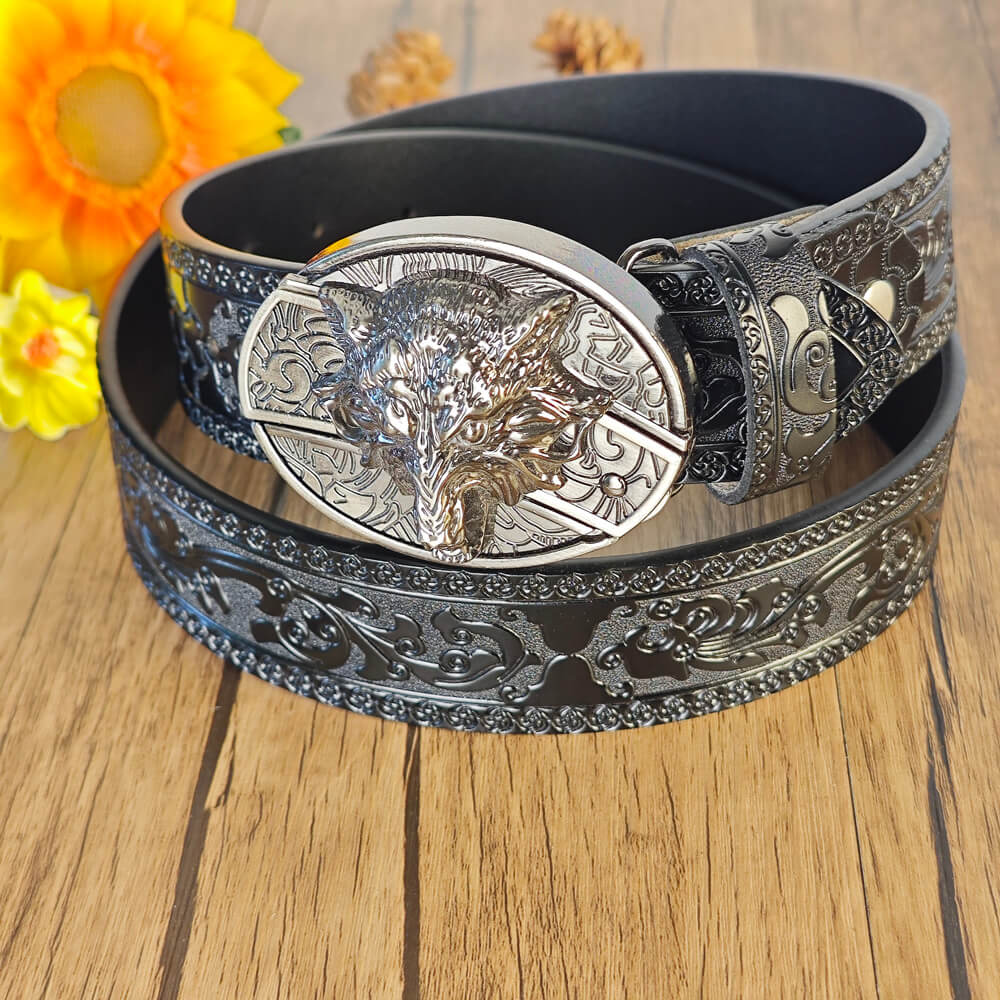 Black Embossed Leather Belt With Belt Buckle