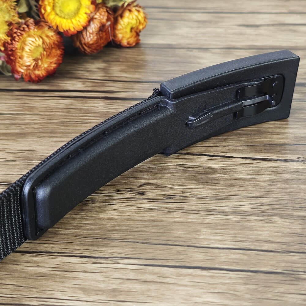 Black tactical braided belt with hidden buckle tool, one size fits most