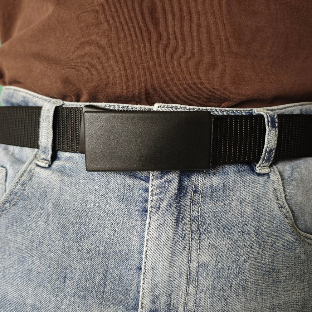 Black tactical braided belt with hidden buckle tool, one size fits most