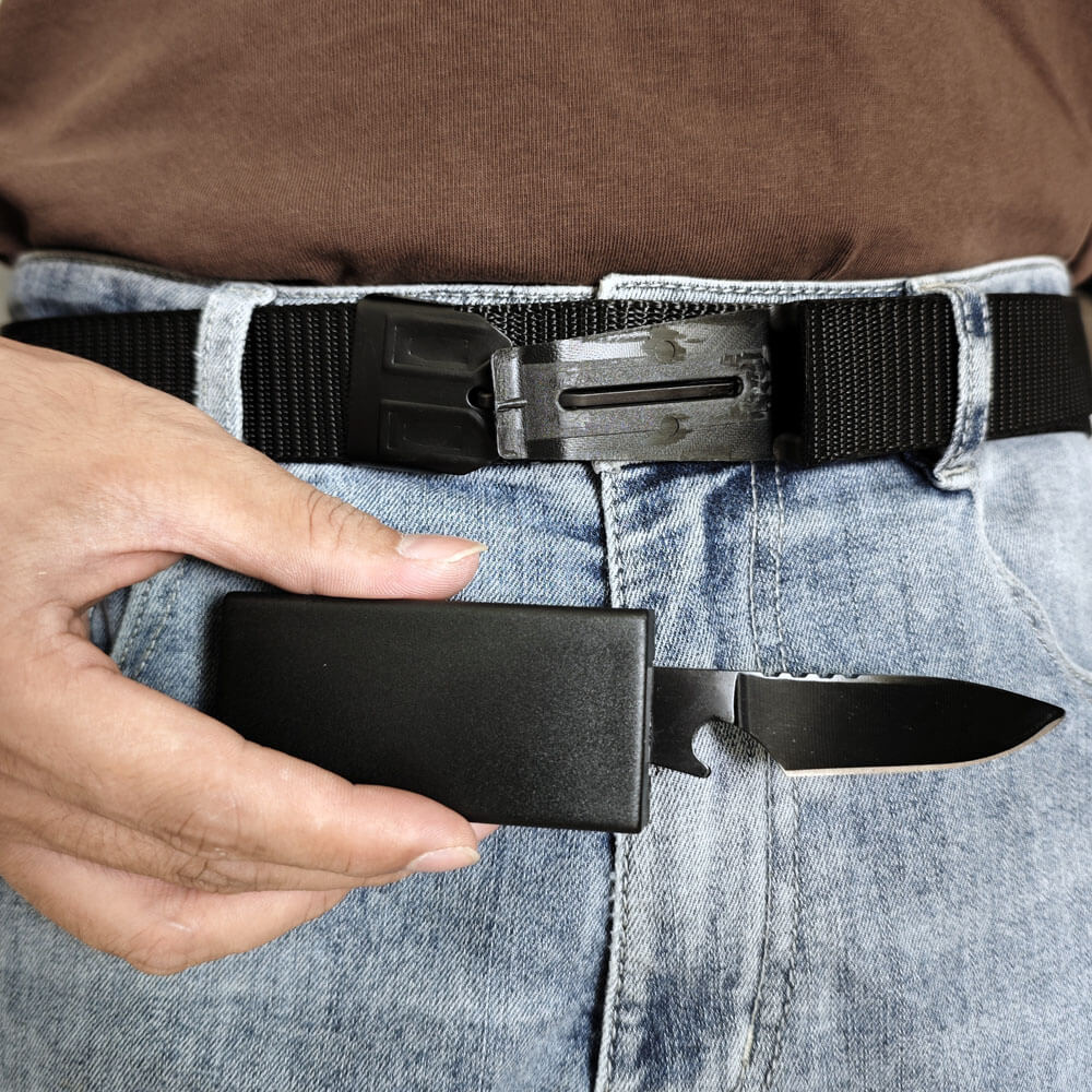 Black tactical braided belt with hidden buckle tool, one size fits most