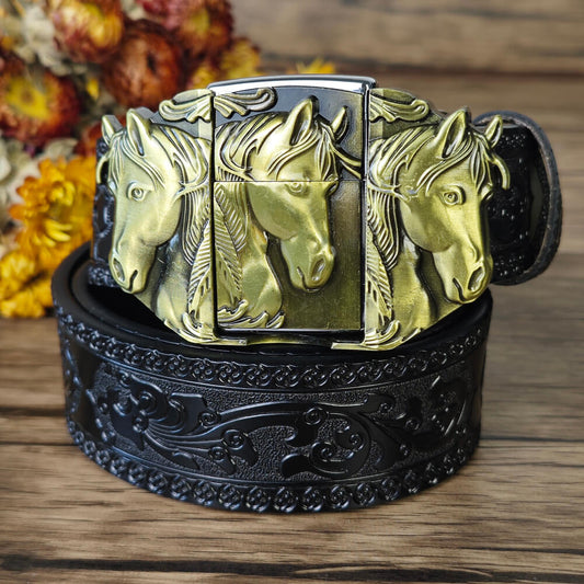 Black Western Embossed Belt with Horse head Lighter Buckle
