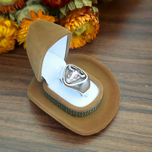 Western bull head ring with detailed cowboy design