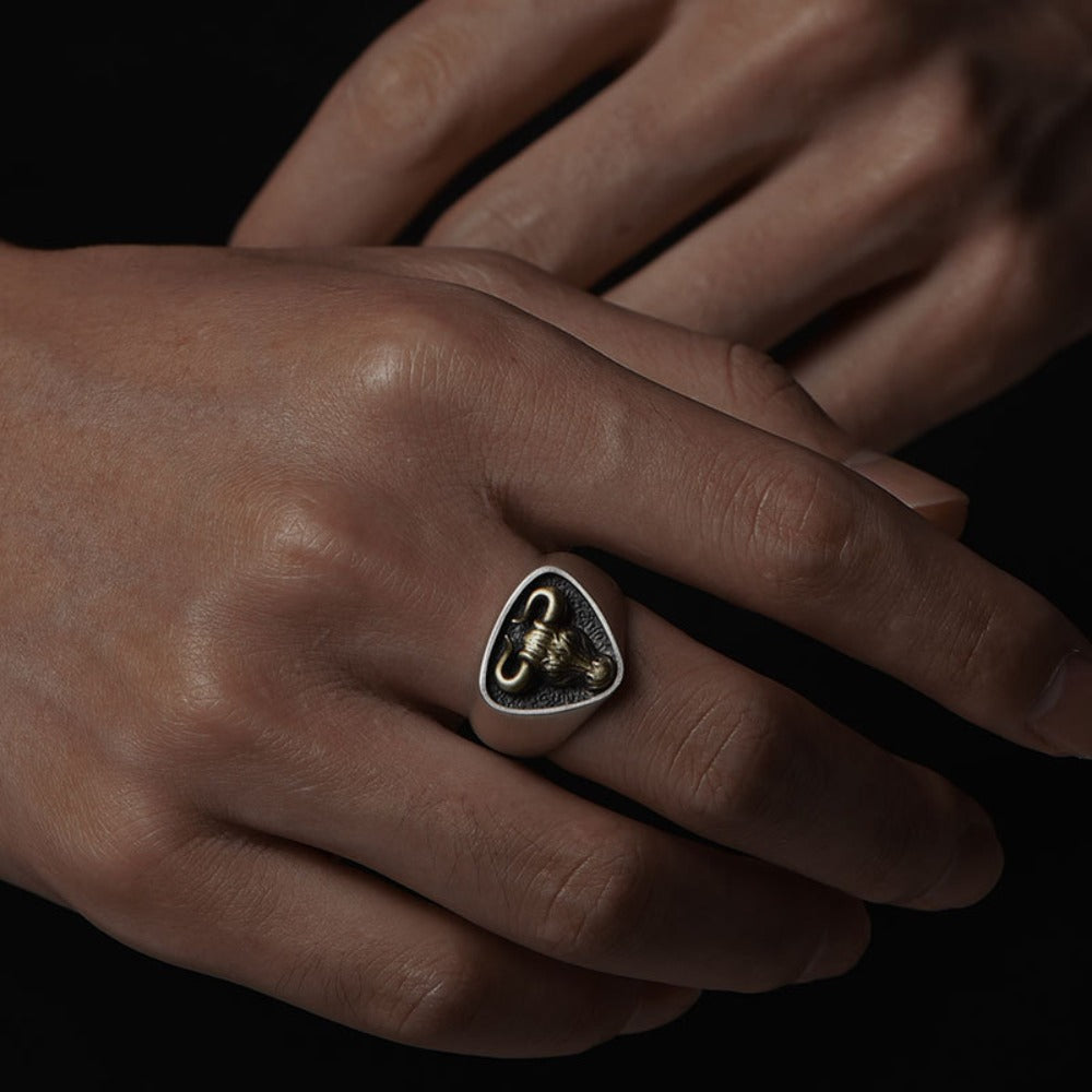Western bull head ring with detailed cowboy design