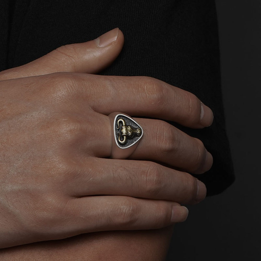 Western bull head ring with detailed cowboy design
