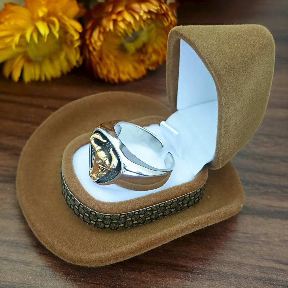 Western bull head ring with detailed cowboy design