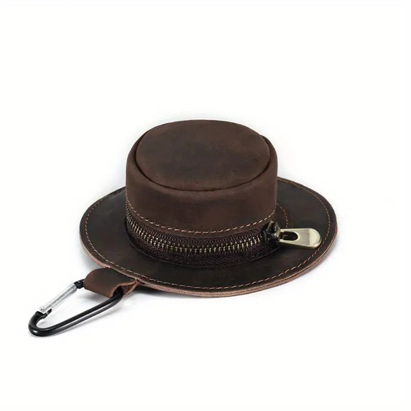 A Dark Brown leather cowboy hat-shaped coin pouch for belt, perfect for western-style outfits.
