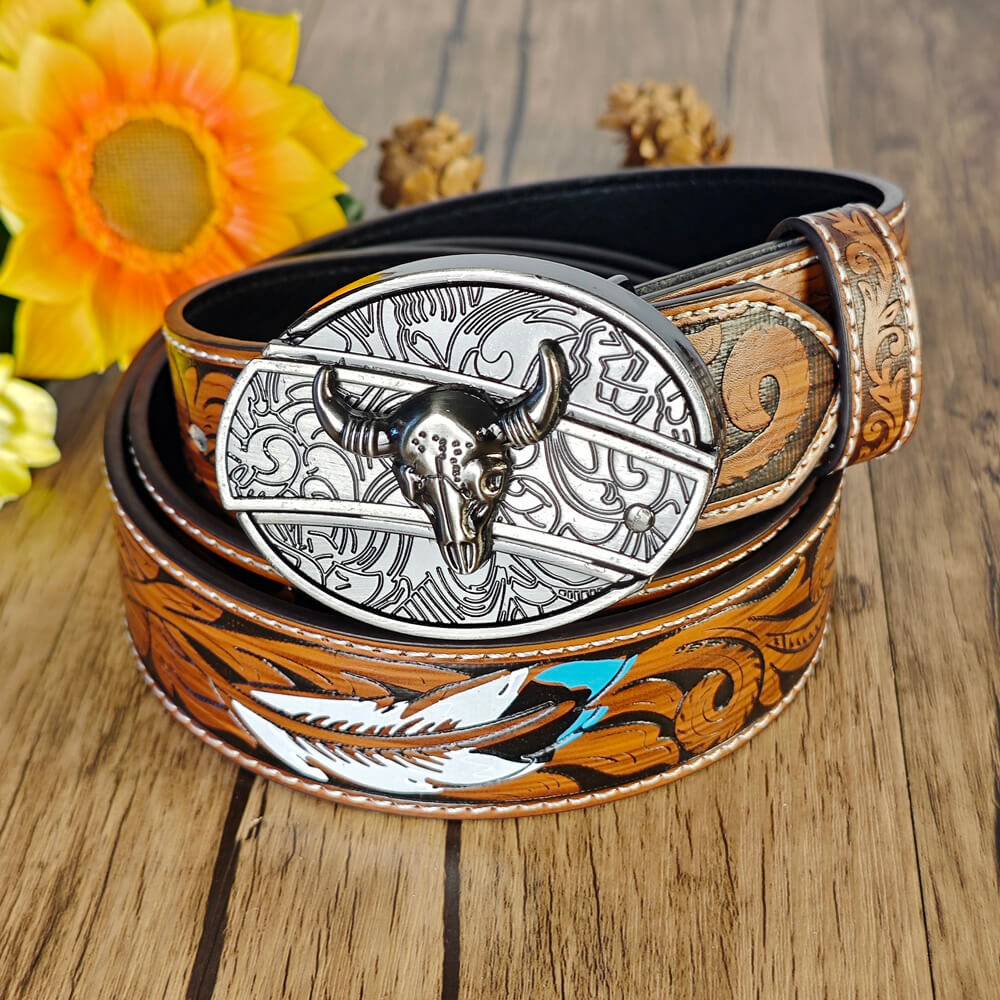 Feather Embossed Belt With Buckle