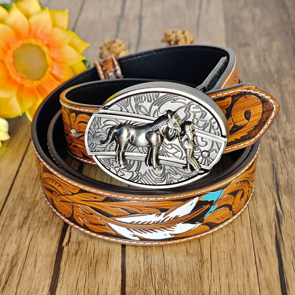 Feather Embossed Belt With Buckle