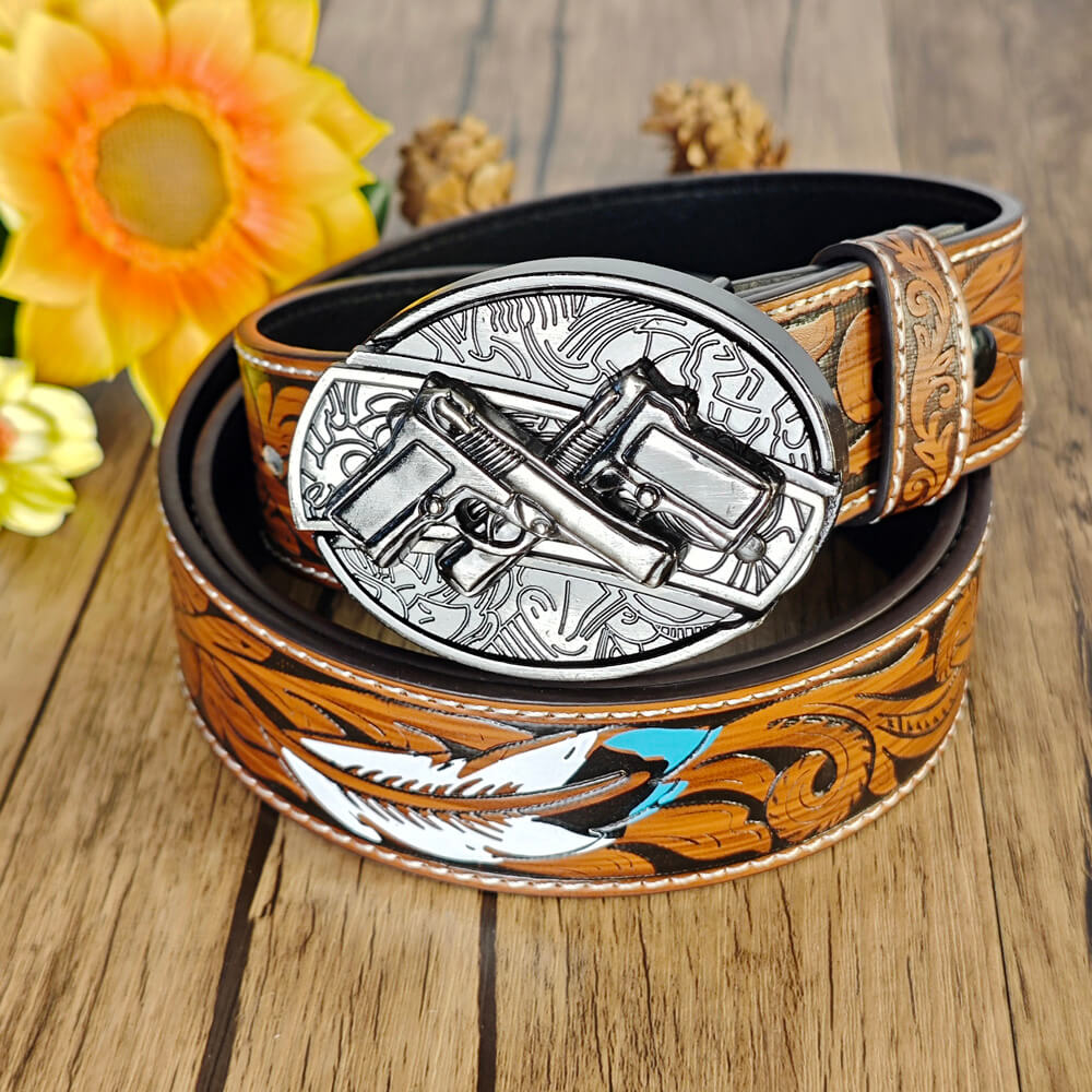 Feather Embossed Belt With Buckle